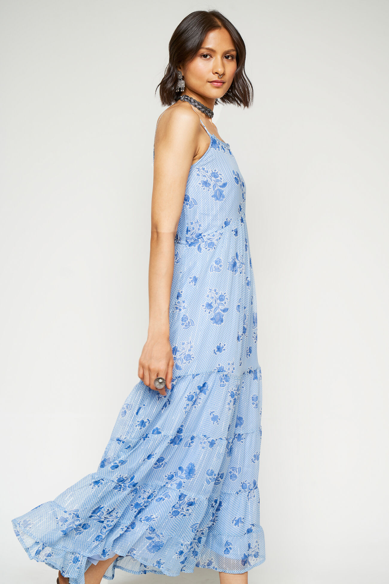 Blue Floral Gathered Straight Gown, Blue, image 2